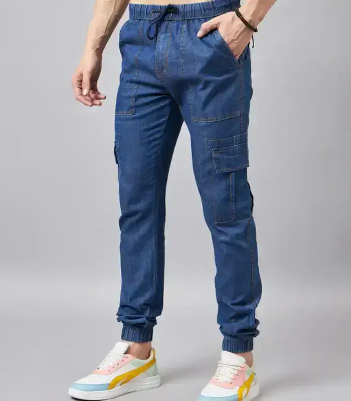 Men’s-blue-denim-cargo-joggers-with-elastic-cuffs-and-pockets—Denim-Apparels