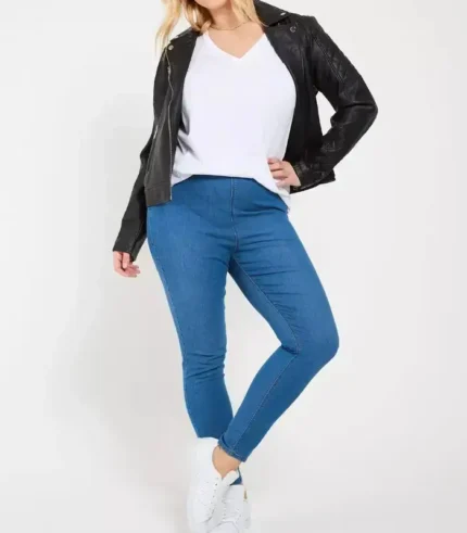 Woman-wearing-essential-stretch-jeggings—high-waist-skinny-denim