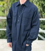 Frontier-workwear-denim-shirt-in-dark-navy-with-double-stitch-reinforcement.”