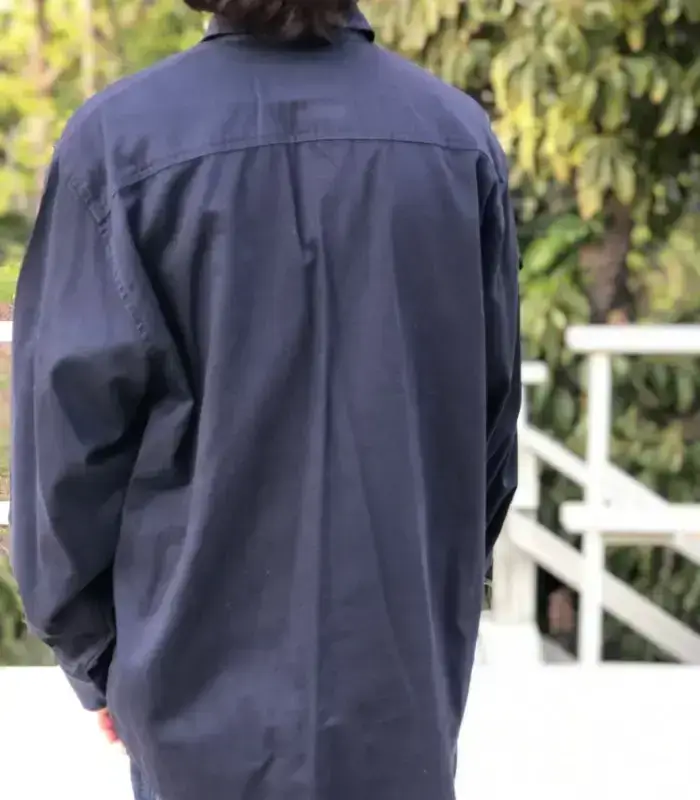 Frontier-workwear-denim-shirt-in-dark-navy-with-double-stitch-reinforcement.”