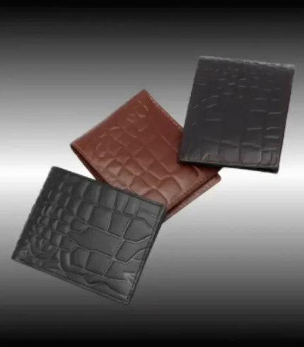 Premium-croc-textured-leather-wallet-in-black-brown-and-chocolate —custom-manufacturing-by-Denim-Apparels